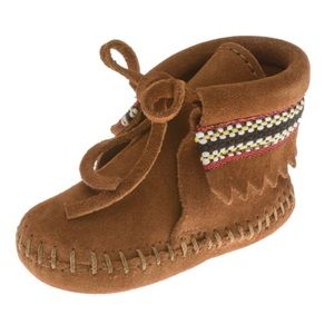 Minnetonka Moccasins 1102 Infant Baby Braid On Cuff Bootie Shoes Brown Suede (6)